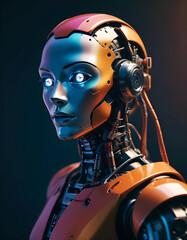 Portrait of a futuristic human-like robot with glowing eyes 