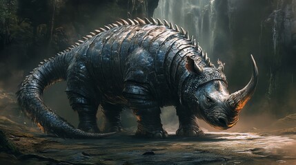 Fototapeta premium A powerful armored rhinoceros stands alone in a mystical forest, showcasing its strength and resilience.