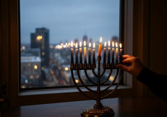 Fototapeta premium Hand lighting menorah candles by window with cityscape background during evening