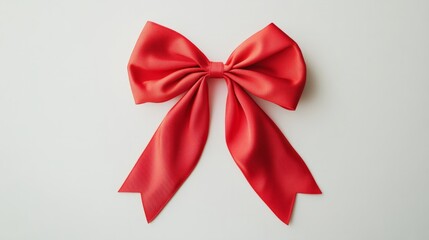 A simple red bow with long, clean lines draped against a plain white backdrop