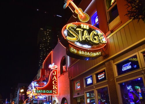 Neon Bar signs in Nashville. Nightime scene. Nashville TN, US. September 23, 2019. 