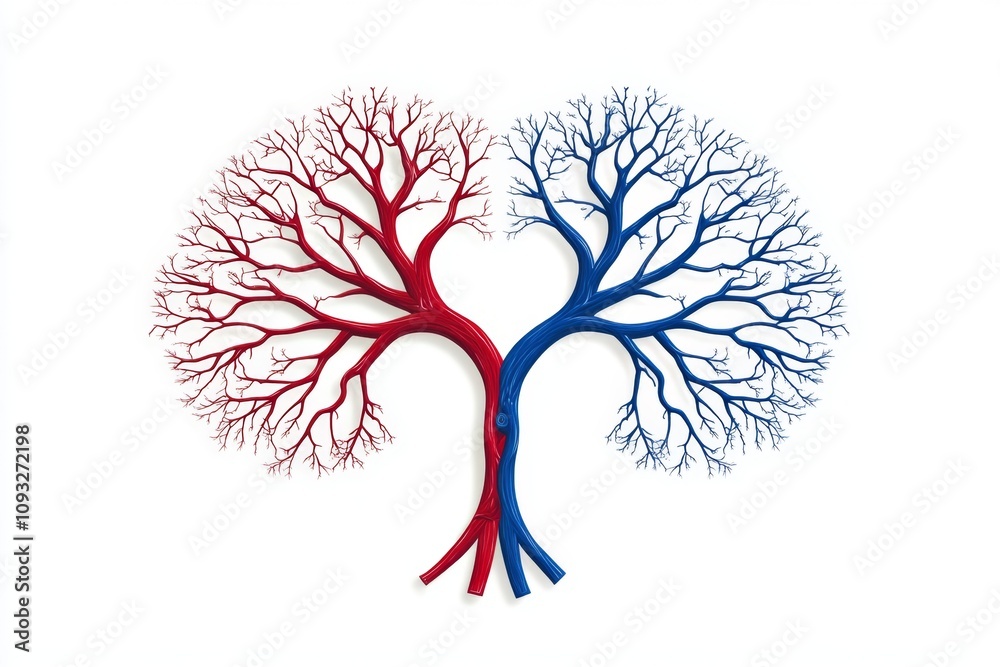 Poster aorta artery drawn in flat 2d style, with bold red and blue lines showing its path and main branches