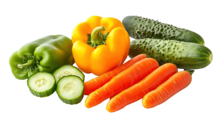 Isolate and discover fresh vegetables bell peppers cucumbers carrots and more in a bright kitchen setting