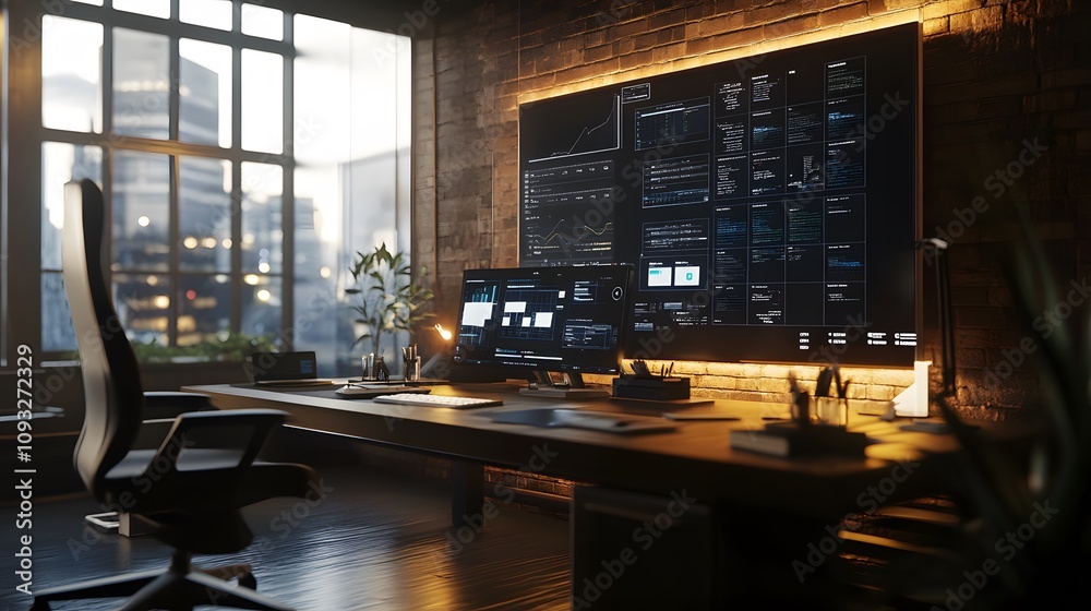 Poster a sleek hybrid office featuring 3d glowing shared task boards and 2d real-time notifications. 4k res