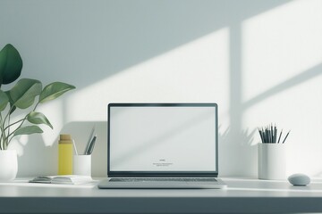 Fototapeta premium Minimalist workspace with open laptop and greenery in sunlit room, featuring stationery and clean white aesthetics for inspiration and productivity
