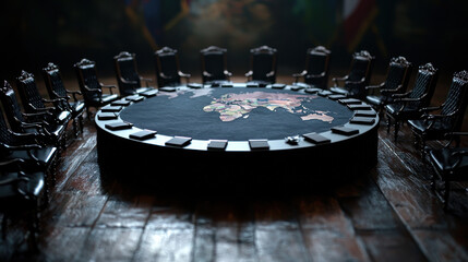 round table with world map surrounded by empty chairs