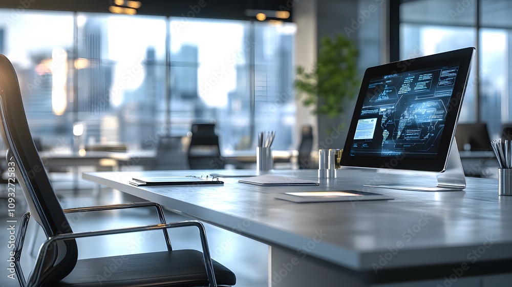 Poster a modern desk featuring 3d holographic strategy maps and 2d glowing reminders of team deadlines. 4k 