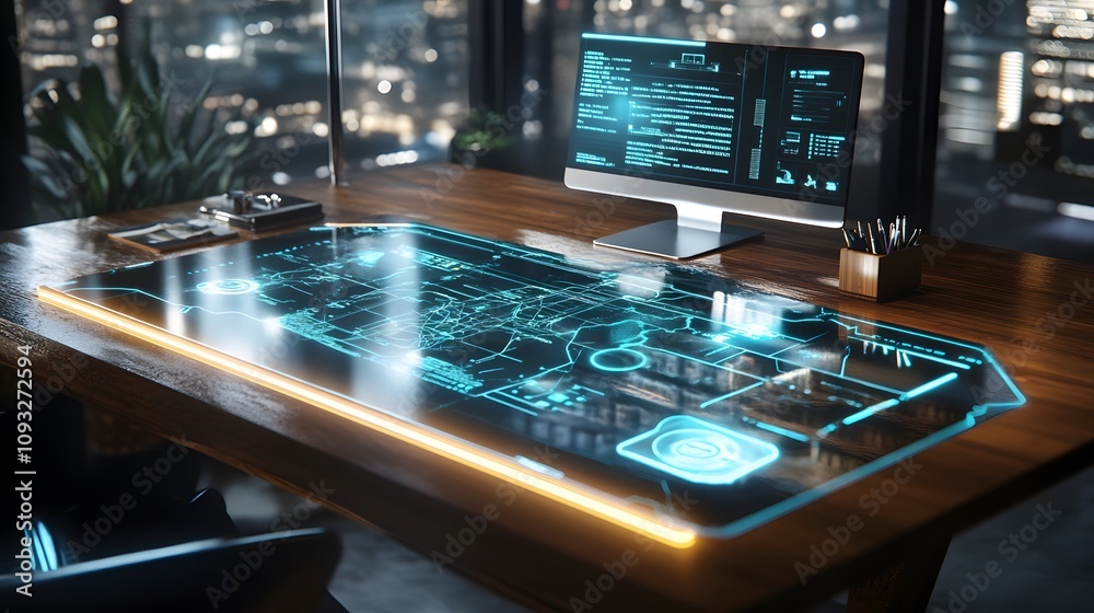 Poster a modern desk featuring 3d holographic strategy maps and 2d glowing reminders of team deadlines. 4k 