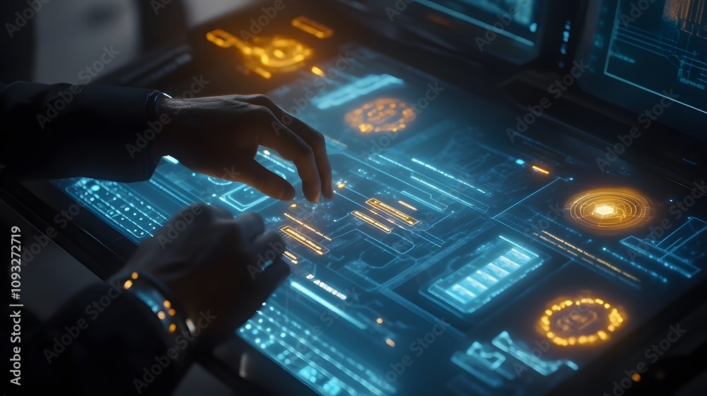 Poster A professional interacting with AI-powered 3D glowing interfaces and 2D task alignment visuals. 4k resolution, Cinematic Scene