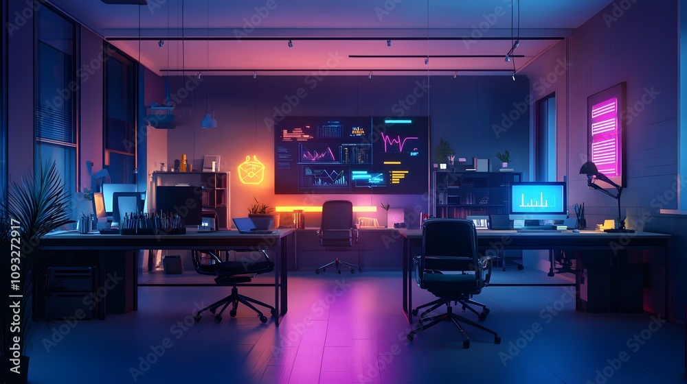 Poster A coworking space with 3D glowing brainstorming hubs and 2D animated task distribution visuals. 4k resolution, Cinematic Scene