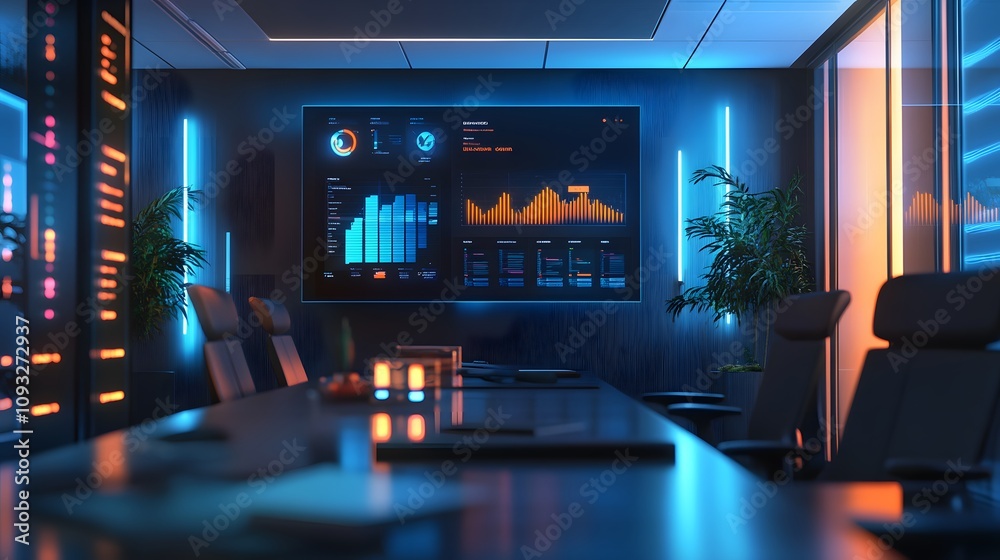 Poster A hybrid meeting room integrating 3D glowing shared dashboards and 2D actionable feedback tools. 4k resolution, Cinematic Scene