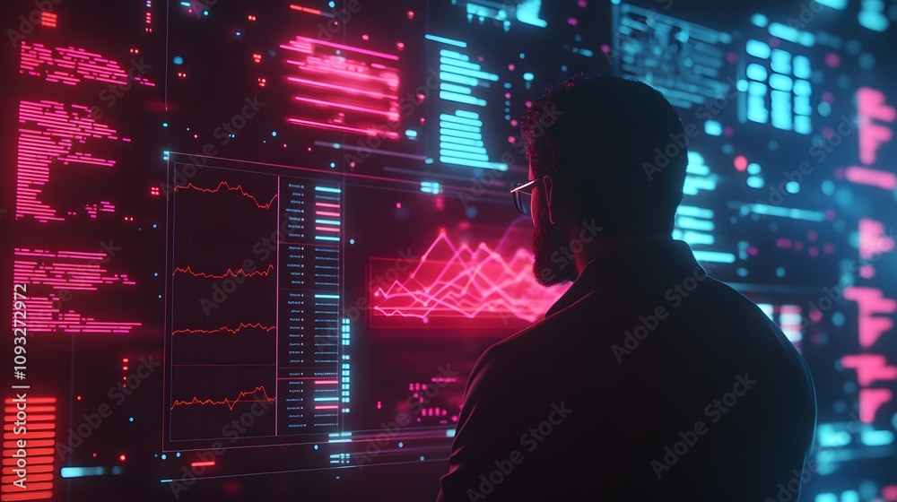 Aufkleber A professional presenting a strategy with 3D glowing data models and 2D real-time annotations. 4k resolution, Cinematic Scene