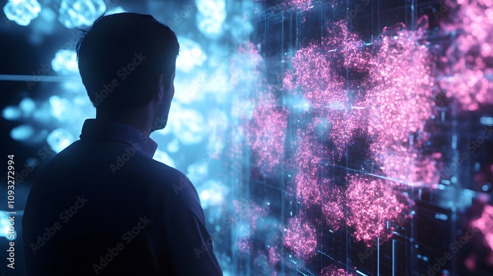 Poster A professional presenting a strategy with 3D glowing data models and 2D real-time annotations. 4k resolution, Cinematic Scene