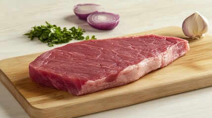 Fresh Raw Meat Cut on Wooden Board with Red Onion and Garlic Clove in Kitchen Setting Surrounded by Herbs and Ingredients Ready for Cooking