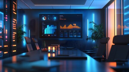 A hybrid meeting room integrating 3D glowing shared dashboards and 2D actionable feedback tools. 4k resolution, Cinematic Scene