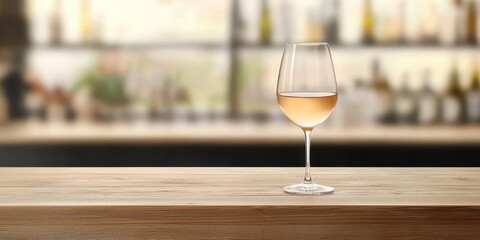 A glass of white wine on a wooden bar with a blurred background of a bar environment.