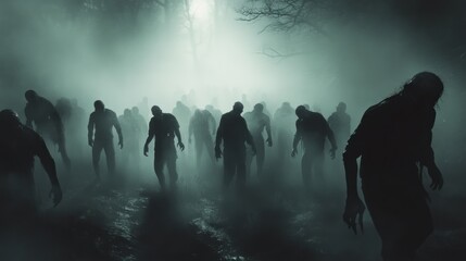 Fototapeta premium Horrific Zombie Horde in a Foggy Forest