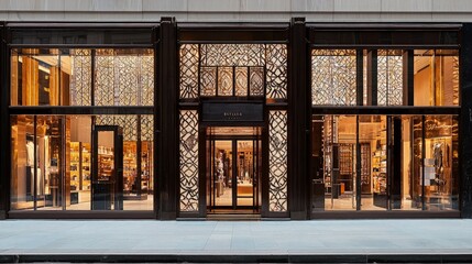 Elegant retail store front with ornate bronze facade, large windows displaying luxury goods.