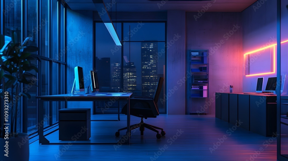 Poster a minimalist hybrid office showcasing 3d glowing shared productivity tools and 2d glowing project go
