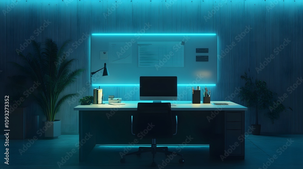 Poster a minimalist hybrid office showcasing 3d glowing shared productivity tools and 2d glowing project go