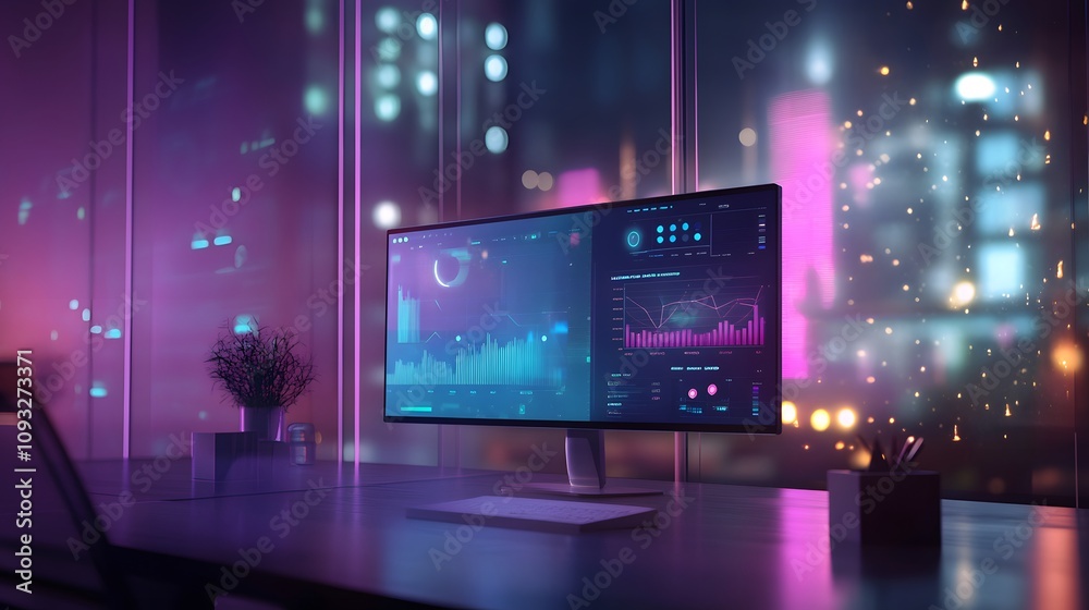 Poster A coworking setup integrating 3D glowing remote strategy dashboards and 2D floating communication threads. 4k resolution, Cinematic Scene