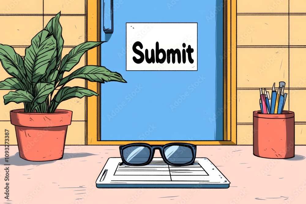 Aufkleber Application interface visualized in pixel art style, with a retro design showing fields, buttons, and a â€œSubmitâ€ icon blinking
