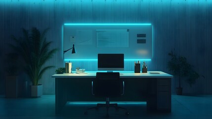 A minimalist hybrid office showcasing 3D glowing shared productivity tools and 2D glowing project goals. 4k resolution, Cinematic Scene