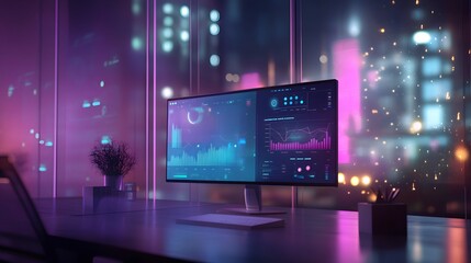 Obraz premium A coworking setup integrating 3D glowing remote strategy dashboards and 2D floating communication threads. 4k resolution, Cinematic Scene