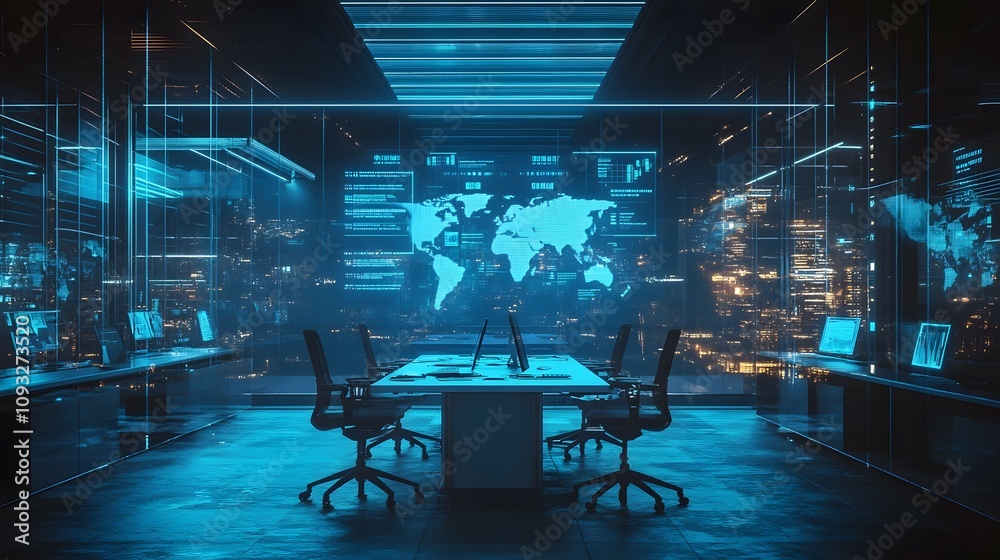 Poster a sleek coworking space with 3d glowing project dashboards and 2d communication threads facilitating