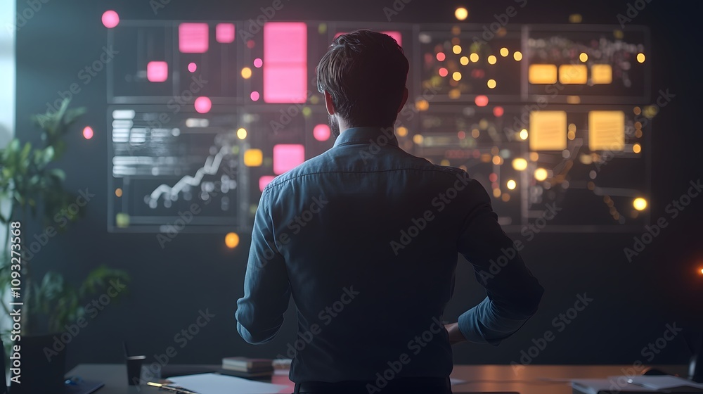 Poster a professional in a modern coworking space interacting with 3d glowing task management boards and 2d