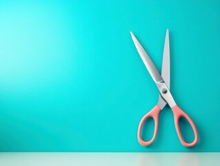 Creative crafting action scissors on teal background still life modern environment minimalist viewpoint diy concepts