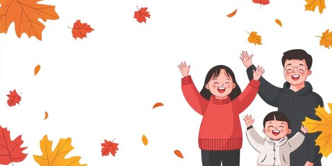 A joyful family celebrating together in autumn with colorful leaves around them.
