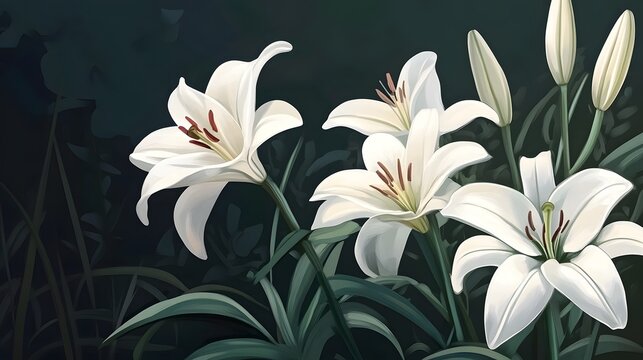 Beautiful white lily flowers on dark background