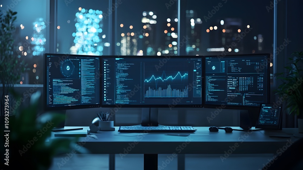 Poster A remote workspace with 3D glowing blockchain-powered finance tools and 2D task trackers for transparency. 4k resolution, Cinematic Scene