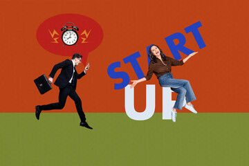 Composite photo collage of two businessman old woman startup project development alarm clock deadline isolated on painted background