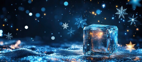 Fototapeta premium Glowing ice cube on snowy surface with snowflakes.