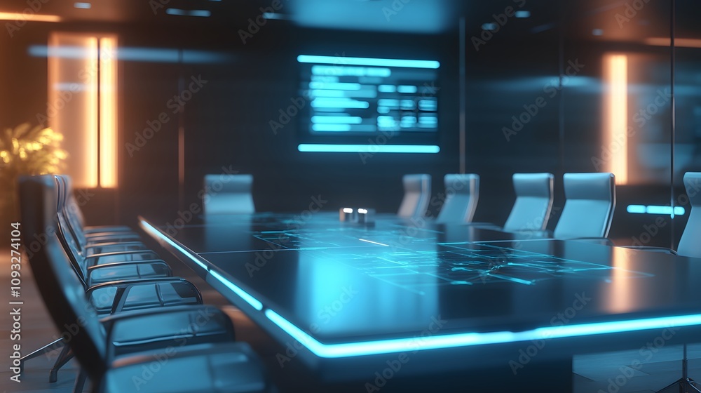 Poster a corporate meeting discussing blockchain applications for compliance tracking with 3d glowing dashb