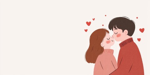 A loving couple sharing a sweet kiss surrounded by hearts and affection.