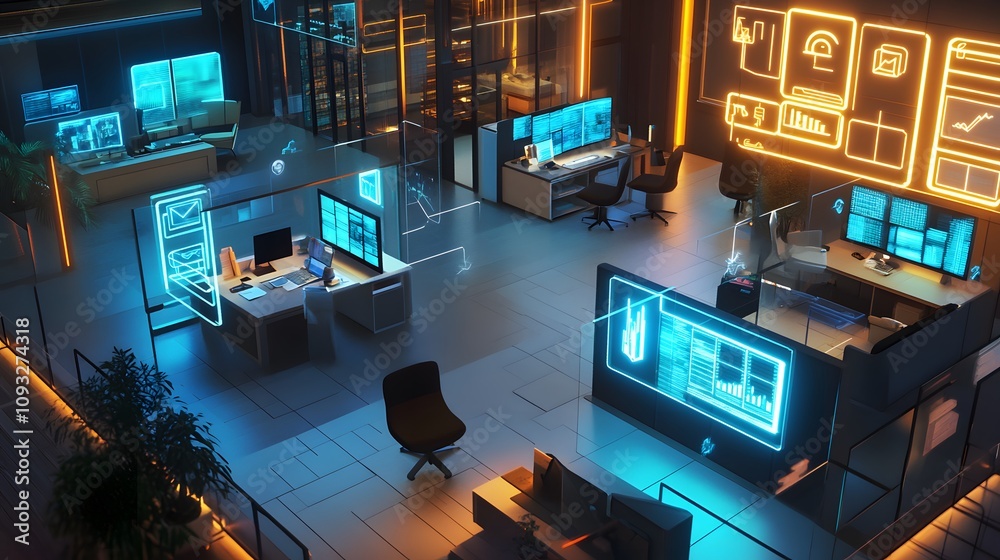 Poster A hybrid coworking hub showcasing blockchain-powered logistics maps in 3D glowing diagrams and 2D floating project updates. 4k resolution, Cinematic Scene