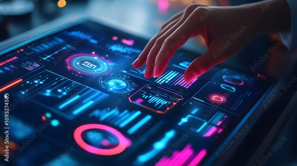 Poster A remote worker using 3D glowing dashboards of key performance indicators with 2D live feedback tools. 4k resolution, Cinematic Scene