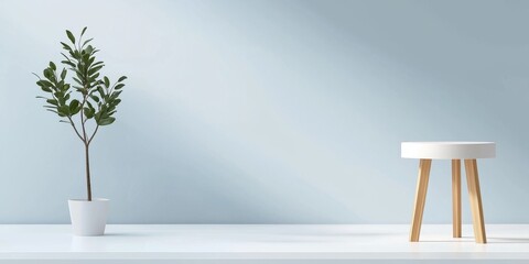 A minimalist room featuring a potted plant beside a wooden table against a soft wall.