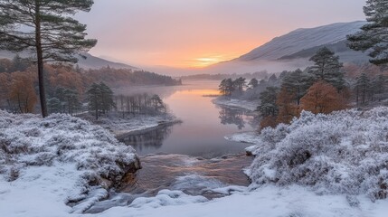 Serene winter landscape at dawn with a misty lake surrounded by trees and mountains.