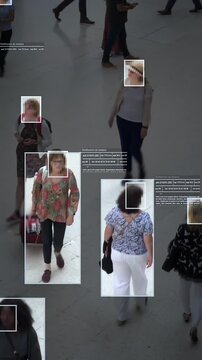 High view of commuters walking. Facial recognition interface showing personal data for each person. Surveillance concept. Artificial intelligence. Deep learning.