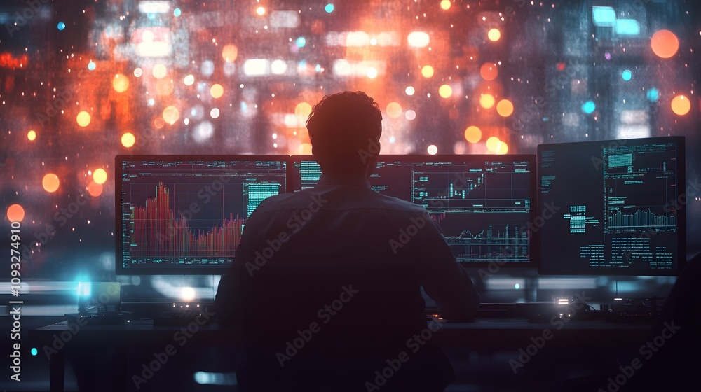 Poster A remote professional analyzing 3D glowing data flows of market trends with 2D decision metrics overlayed. 4k resolution, Cinematic Scene