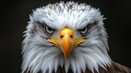 Obraz premium A stunning close-up portrait of a majestic bald eagle showcasing its fierce eyes and striking beak.