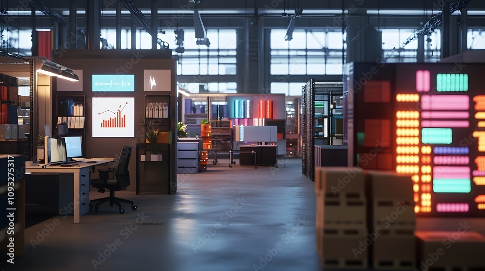 Poster A remote coworking space showcasing 3D glowing supply chain optimizations with 2D actionable visuals. 4k resolution, Cinematic Scene