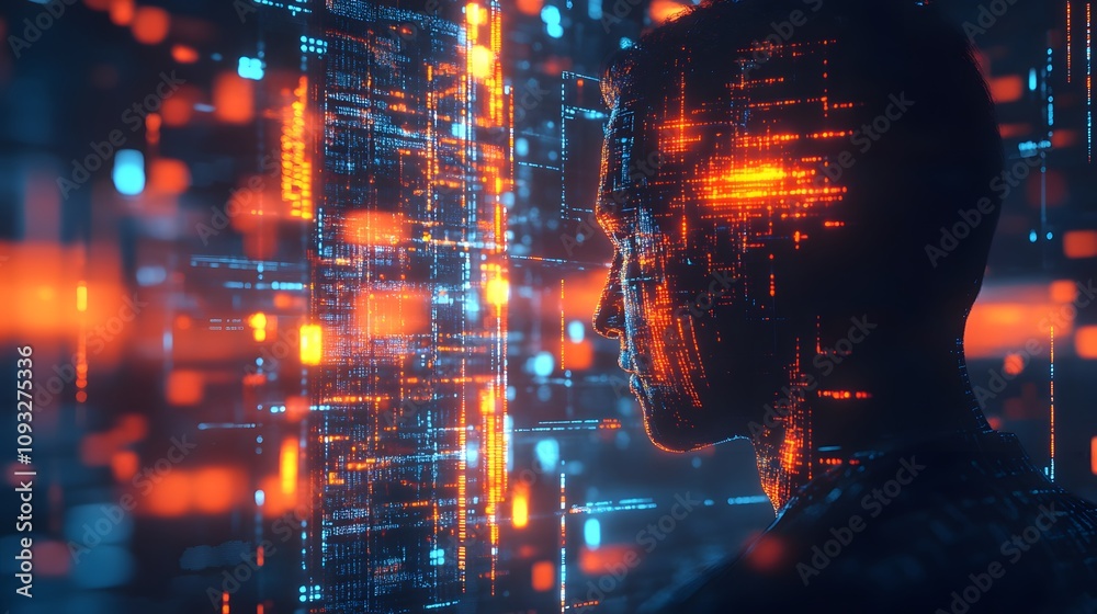 Aufkleber A remote professional analyzing 3D glowing predictive analytics with 2D live updates for decision-making. 4k resolution, Cinematic Scene