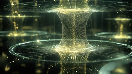 A conceptual visualization of quantum gates, symbolized by complex transformations in radiant quantum fields