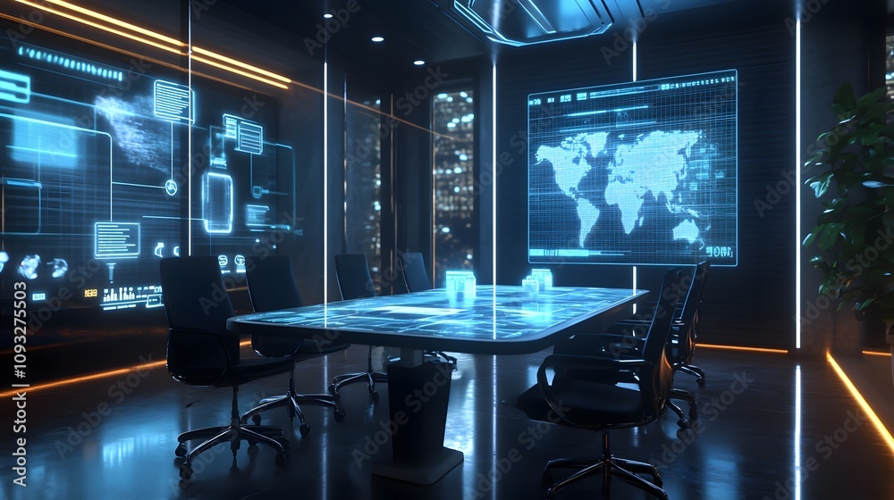 Poster a virtual meeting room with 3d holographic workspace integrations and 2d glowing productivity metric