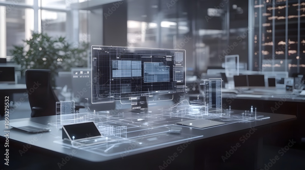 Aufkleber A sleek virtual office showcasing 3D glowing interactive task maps with 2D actionable insights. 4k resolution, Cinematic Scene